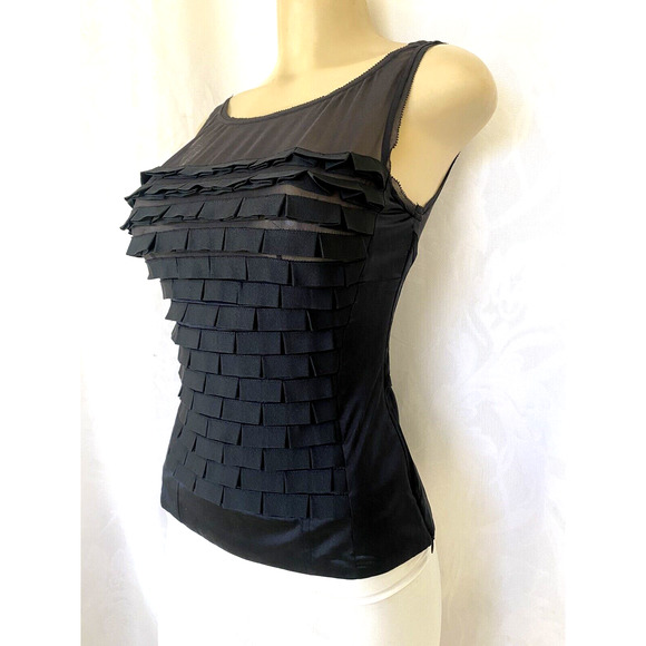 Karen Millen Top Blouse Pleated Black Ribbon Silk Corset Sheer Mesh Slee… - Picture 2 of 8